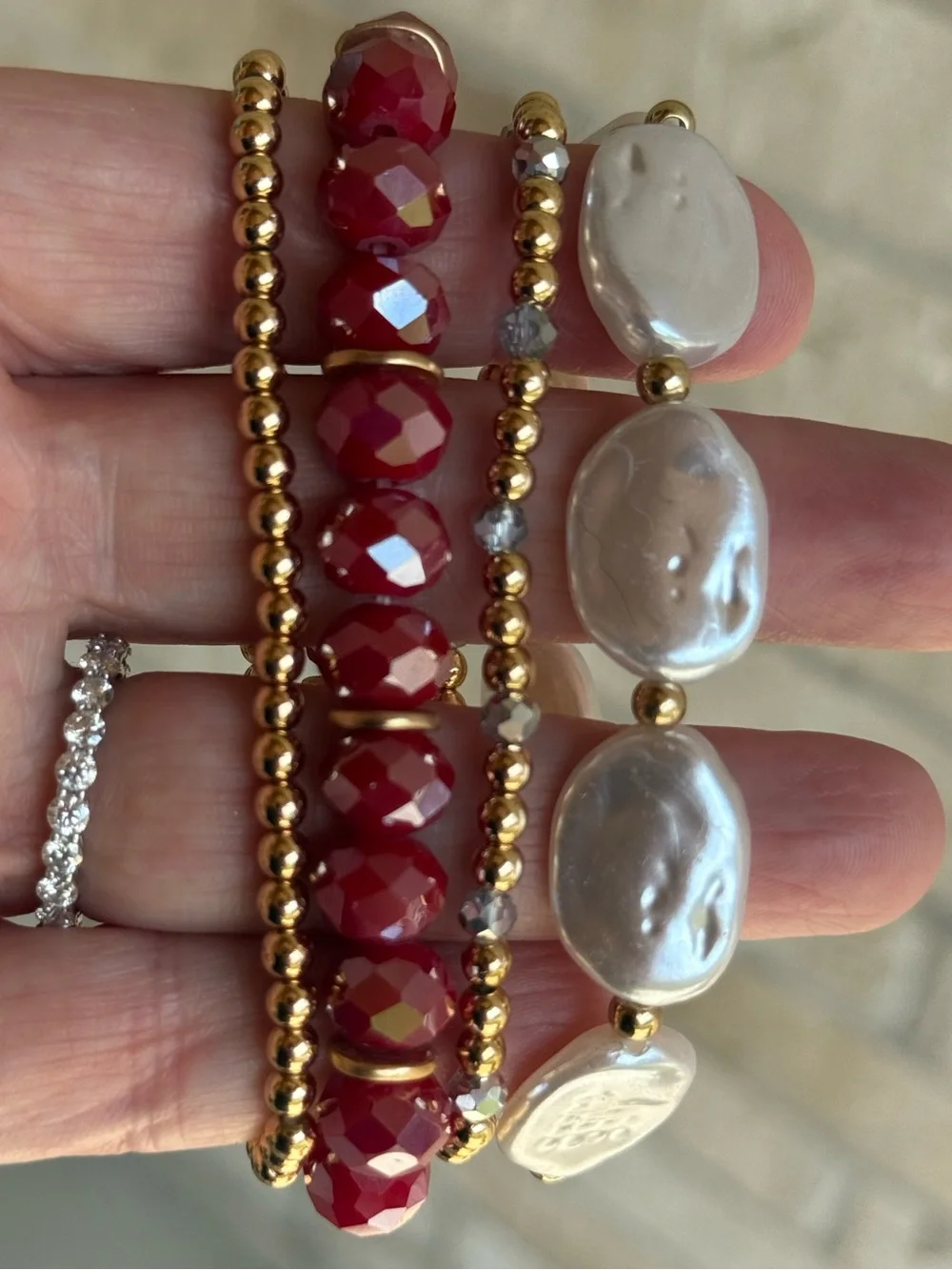 Gold & Red Beaded Stretch Bracelet Set with Pearl Accent (4)